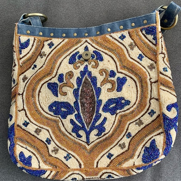 Christiana Beaded Blue/Ivory/Brown Shoulder Bag - Picture 6 of 16